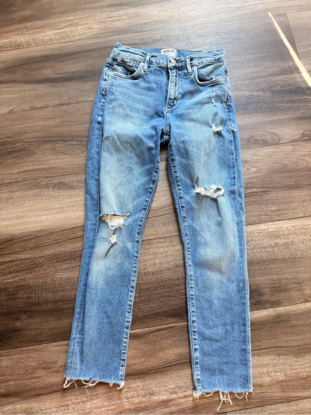 Agolde Light Blue Distressed Straight-Leg Jeans